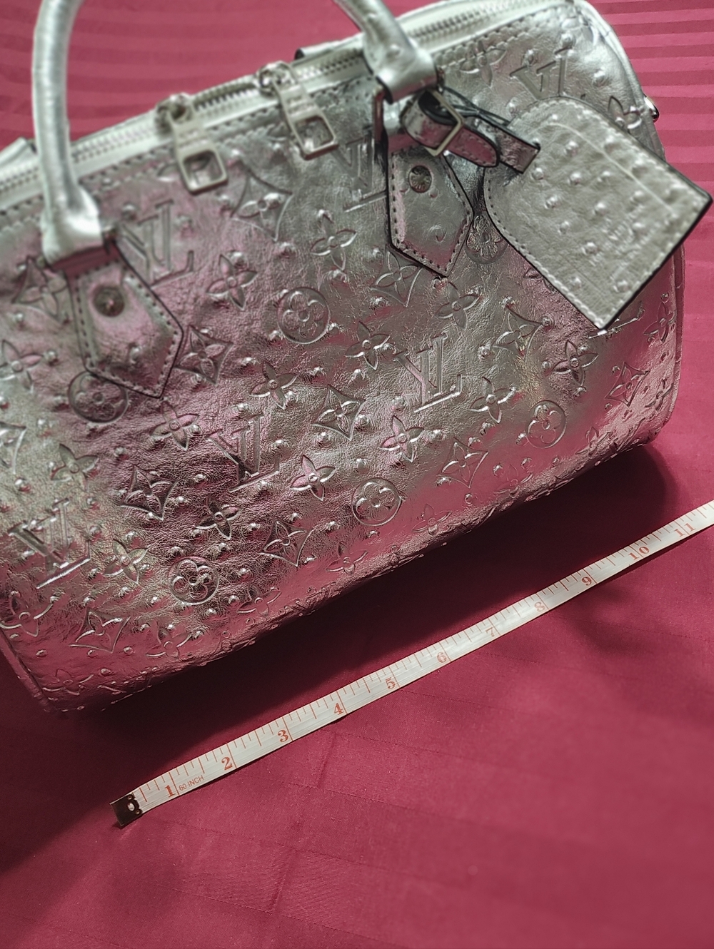 SALE NEW Designer Monogram Speedy Metallic Ostrich Silver Handbag LV MUST HAVE - Picture 4 of 6